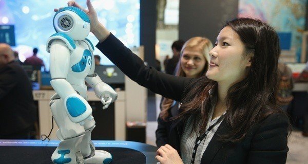 Girl Touching Robot