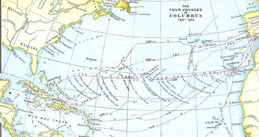 Map Of Columbus' Four Voyages