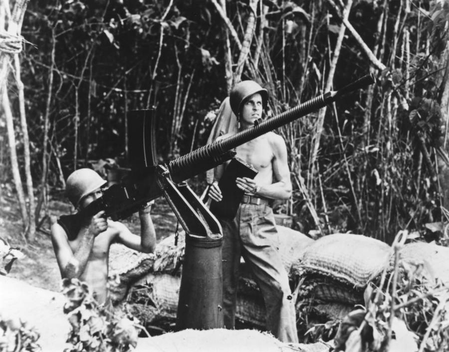 American Marines With Japanese Machine Gun At Guadalcanal