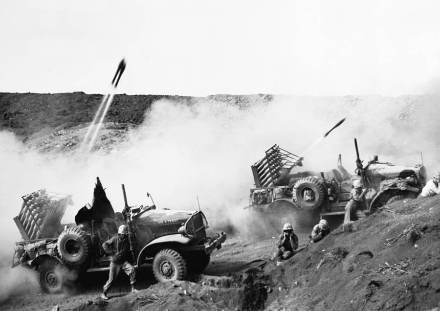 American Jeeps Firing Rockets At Japanese Forces