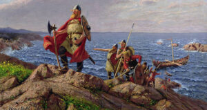 Painting Of Leif Erikson On Boulders