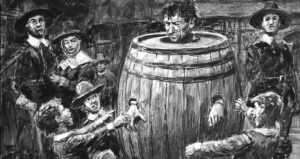 Boys Laughing At Man In Barrel